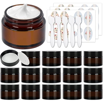 15 Pack 1 oz Empty Amber Glass Jars, 30ml Round Refillable Cosmetic Container Storage Jars with Inne...