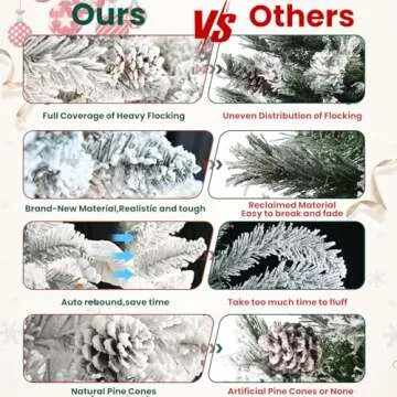 Maylaviu 6ft Snow Flocked Christmas Tree, Unlit Artificial Holiday Christmas Pine Tree, Hinged Xmas Tree with Pine Cone, Full Appearance Snowy w/Easy Assembly, Metal Stand