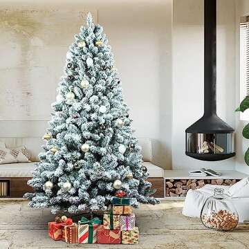 Maylaviu 6ft Snow Flocked Christmas Tree, Unlit Artificial Holiday Christmas Pine Tree, Hinged Xmas Tree with Pine Cone, Full Appearance Snowy w/Easy Assembly, Metal Stand