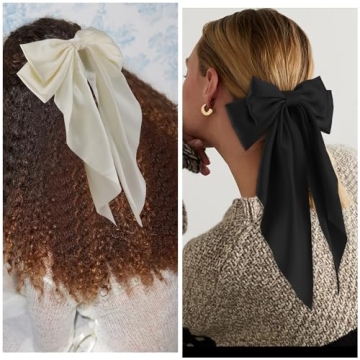 ATODEN Silky Satin Hair Bows 2Pcs Big Hair Bows for Women Hair Ribbons Oversized Long Tail White Hair Bow Black Hair Bow Large Hair Ribbon Barrettes Metal Clips Bowknot Aesthetic Hair Accessories