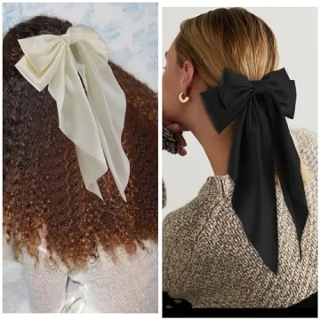 ATODEN Silky Satin Hair Bows 2Pcs Big Hair Bows for Women Hair Ribbons Oversized Long Tail White Hair Bow Black Hair Bow Large Hair Ribbon Barrettes Metal Clips Bowknot Aesthetic Hair Accessories