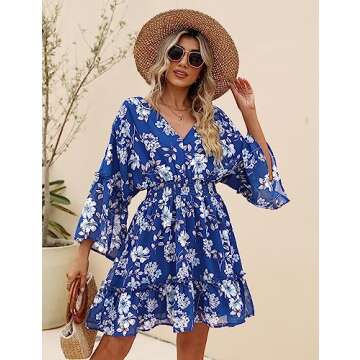 Jollycode Women's 2023 Summer V Neck Boho Long Sleeve Swing A Line Vacation Mini Dress Casual Chiffon Short Dress Navy Floral