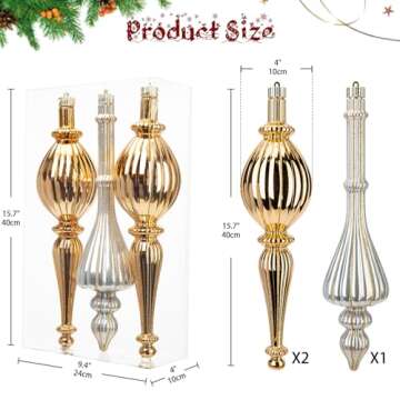 3 Pcs 16" Large Christmas Ball Ornaments, Giant Shatterproof Finial Drop Ornaments Christmas Tree Topper Decorations Bronze Christmas Huge Christmas Ornaments Hanging Ball for Holiday Christmas Decor