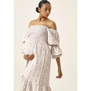 NOTHING FITS BUT Women’s Soft Cotton Muslin Dress, Everyday Stretchable Haru Maternity Gown, Off-Shoulder Mom to Be Frock, as1, Alpha, s, Regular, Regular, Lilac, S