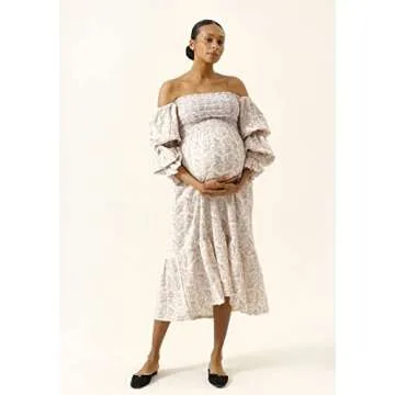 NOTHING FITS BUT Women’s Soft Cotton Muslin Dress, Everyday Stretchable Haru Maternity Gown, Off-Shoulder Mom to Be Frock, as1, Alpha, s, Regular, Regular, Lilac, S