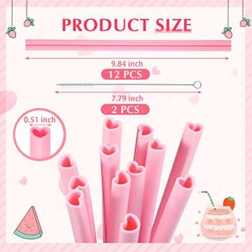 Zopeal 12 Pcs Heart Shaped Pink Straws - Reusable Silicone Drinking Straws for All Occasions