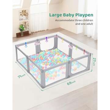 Kidirect Foldable Baby Playpen, 71"×69" Large Baby Playpen, Baby Play Pen with Upgrade Safety Gate, Playpen for Babies and Toddlers Ajustable Shape &Size, Indoor &Outdoor Portable Baby Play Yard, Grey