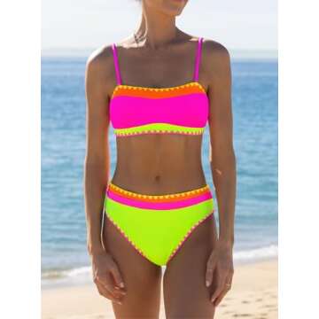 popvil Women's Neon Color Block Bandeau Swimsuits Strapless Bikini Sets Two Piece Bathing Suits