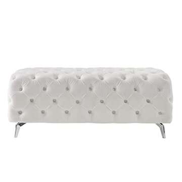 hansones Ottoman Bench with Button Tufted, Upholstered Velvet Fabric Ottomans Foot Rest Stool Accent Rectangle Benches for Entryway Living Room Bedroom. (White)