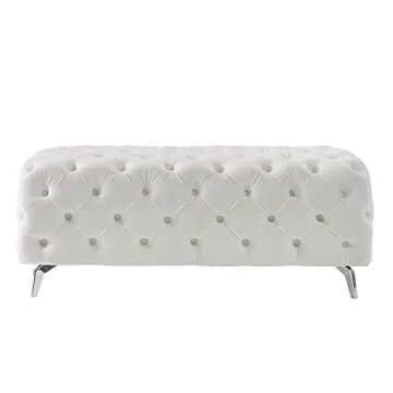 hansones Ottoman Bench with Button Tufted, Upholstered Velvet Fabric Ottomans Foot Rest Stool Accent Rectangle Benches for Entryway Living Room Bedroom. (White)