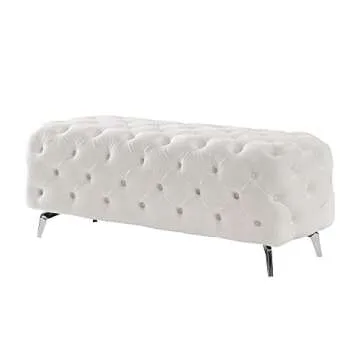 hansones Ottoman Bench with Button Tufted, Upholstered Velvet Fabric Ottomans Foot Rest Stool Accent Rectangle Benches for Entryway Living Room Bedroom. (White)