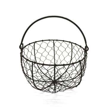 CVHOMEDECO. Round Metal Wire Egg Basket Wire Gathering Basket with Handle Country Vintage Style Storage Basket. Rusty, Dia. 8 X H 4-3/4 Inch