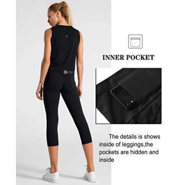 Dragon Fit High Waist Yoga Capris with 3 Pockets,Tummy Control Workout Running 4 Way Stretch Yoga Pants Dark Black