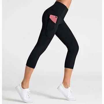 Dragon Fit High Waist Yoga Capris with 3 Pockets,Tummy Control Workout Running 4 Way Stretch Yoga Pants Dark Black