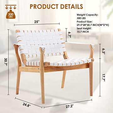 Scandinavian Cognac Woven Leather Chair, Boho All Wood Oak Living Room Chairs Side Modern Accent Cha...