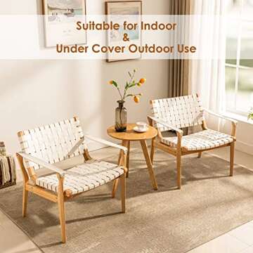 Scandinavian Cognac Woven Leather Chair, Boho All Wood Oak Living Room Chairs Side Modern Accent Chairs for Bedroom Balcony Sunroom Chase Lounger White Faux Leather Accent Leather Accent Chair Natural