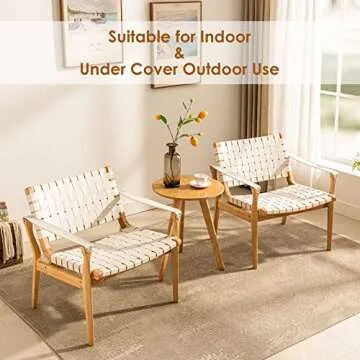 Scandinavian Cognac Woven Leather Chair, Boho All Wood Oak Living Room Chairs Side Modern Accent Chairs for Bedroom Balcony Sunroom Chase Lounger White Faux Leather Accent Leather Accent Chair Natural