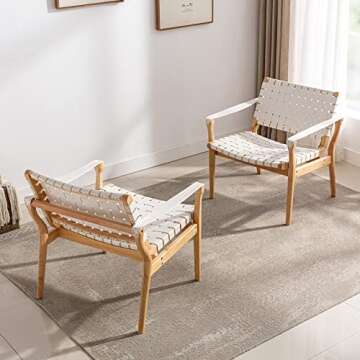 Scandinavian Cognac Woven Leather Chair, Boho All Wood Oak Living Room Chairs Side Modern Accent Chairs for Bedroom Balcony Sunroom Chase Lounger White Faux Leather Accent Leather Accent Chair Natural