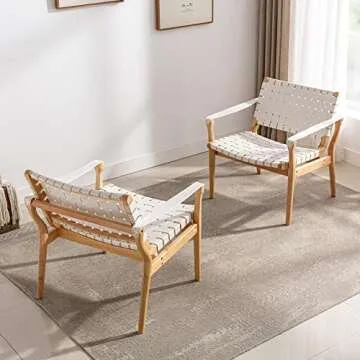 Scandinavian Cognac Woven Leather Chair, Boho All Wood Oak Living Room Chairs Side Modern Accent Chairs for Bedroom Balcony Sunroom Chase Lounger White Faux Leather Accent Leather Accent Chair Natural
