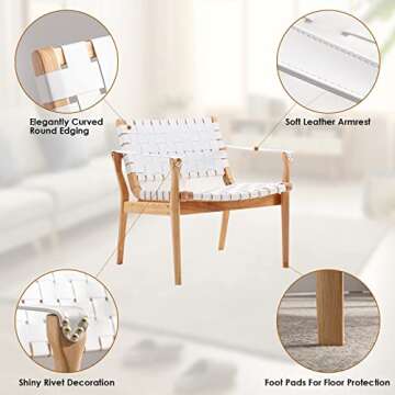 Scandinavian Cognac Woven Leather Chair, Boho All Wood Oak Living Room Chairs Side Modern Accent Chairs for Bedroom Balcony Sunroom Chase Lounger White Faux Leather Accent Leather Accent Chair Natural