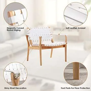 Scandinavian Cognac Woven Leather Chair, Boho All Wood Oak Living Room Chairs Side Modern Accent Chairs for Bedroom Balcony Sunroom Chase Lounger White Faux Leather Accent Leather Accent Chair Natural
