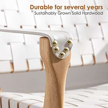 Scandinavian Cognac Woven Leather Chair, Boho All Wood Oak Living Room Chairs Side Modern Accent Chairs for Bedroom Balcony Sunroom Chase Lounger White Faux Leather Accent Leather Accent Chair Natural