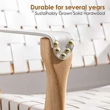 Scandinavian Cognac Woven Leather Chair, Boho All Wood Oak Living Room Chairs Side Modern Accent Chairs for Bedroom Balcony Sunroom Chase Lounger White Faux Leather Accent Leather Accent Chair Natural