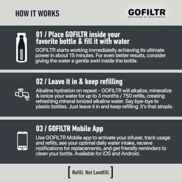 GOFILTR Alkaline Water Infuser - 9.5 pH + Electrolytes for Any Water Bottle/Small Pitcher, 750 Refills / 3 Months, Ionized Mineral Water Infuser (1 Pack)