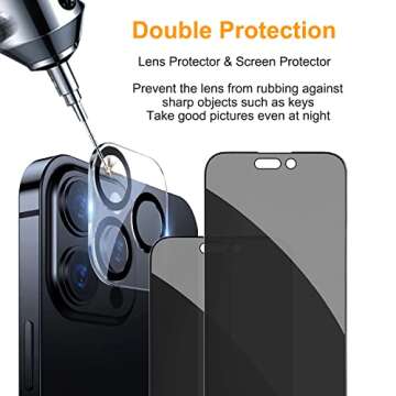 Pehael [2+2Pack] Privacy Screen Protector for iPhone 14 Pro Max with Camera Lens Protector Full Coverage Anti-Spy Tempered Glass Film 9H Hardness Upgrade Edge Protection Easy Installation Bubble Free [6.7 inch]