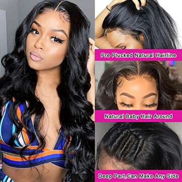Aicrelery 13x4 Natural Black Body Wave Lace Front Wig, 100% Unprocessed Brazilian Virgin Hair, Pre P...