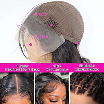 Aicrelery 13x4 Natural Black Body Wave Lace Front Wig, 100% Unprocessed Brazilian Virgin Hair, Pre Plucked with Baby Hair, 180% Density, 24 Inch