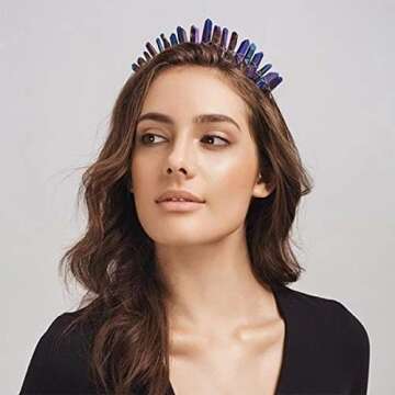 HAIMEIKANG Raw Crystal Quartz Crown Headband Handmade Tiara Natural Stone Headband for Woman Wedding and Parties (Black)