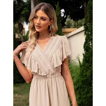 BerryGo Women's Boho V Neck Ruffle Wrap Maxi Dress Casual Tiered Summer Swing Dress Apricot with Pocket, S