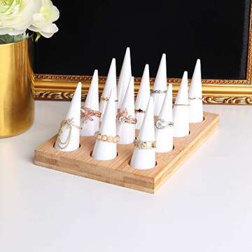 GemeShou Wood Jewelry Ring Holder with 12pcs White Acrylic Ring Cone, Wood ring storage organizer, A...
