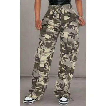 Camo Cargo Pants Women High Waisted Baggy Straight Leg Relaxed Fit Jeans Y2K Fashion Hiking Pants Rave Outfits Streetwear with 4 Pockets Green Camo M