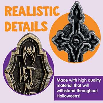 JOYIN 17” Halloween Decorations Outdoor Tombstones, 5 Pack Halloween Foam Graveyard Headstone Decorations with 10 Bonus Metal Stakes for Halloween Yard Lawn Outside Decorations