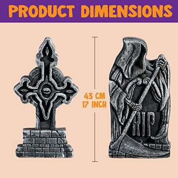 JOYIN 17” Halloween Decorations Outdoor Tombstones, 5 Pack Halloween Foam Graveyard Headstone Decorations with 10 Bonus Metal Stakes for Halloween Yard Lawn Outside Decorations