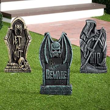 JOYIN 17” Halloween Decorations Outdoor Tombstones, 5 Pack Halloween Foam Graveyard Headstone Decorations with 10 Bonus Metal Stakes for Halloween Yard Lawn Outside Decorations