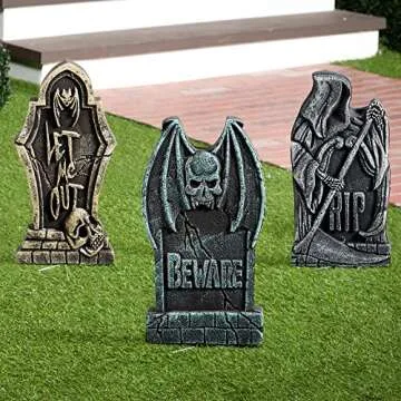 JOYIN 17” Halloween Decorations Outdoor Tombstones, 5 Pack Halloween Foam Graveyard Headstone Decorations with 10 Bonus Metal Stakes for Halloween Yard Lawn Outside Decorations