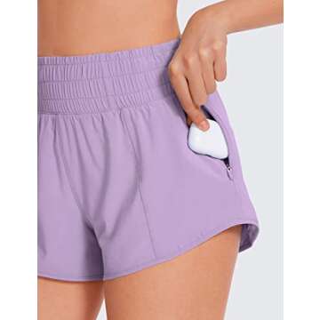 CRZ YOGA High Waisted Running Shorts for Women 2.5" - Mesh Liner Quick Dry for Sport Athletic Workout with Zipper Pocket Lilac Medium