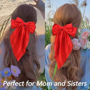 Velscrun Red Hair Bows for Women Girls, Silky Satin Large Coquette Hair Bow, Oversized Hair Ribbons 4Pcs Big Bows Clip Long Tail Bowknot Hair Barrettes Halloween Christmas Bow Hair Accessories