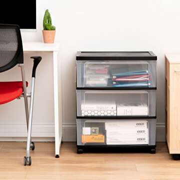 IRIS USA 3 Drawer Wide Storage Drawer Cart with Caster Wheels, Plastic Rolling Dresser for Home Clos...