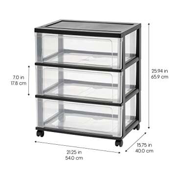 IRIS USA 3 Drawer Wide Storage Drawer Cart with Caster Wheels, Plastic Rolling Dresser for Home Closet Bedroom Bathroom Office Laundry Kitchen Craft Room Nursery and School Dorm, Black/Clear