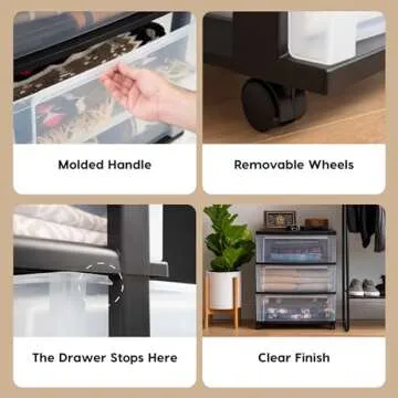 IRIS USA 3 Drawer Wide Storage Drawer Cart with Caster Wheels, Plastic Rolling Dresser for Home Closet Bedroom Bathroom Office Laundry Kitchen Craft Room Nursery and School Dorm, Black/Clear