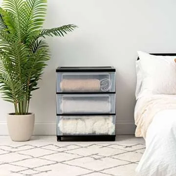 IRIS USA 3 Drawer Wide Storage Drawer Cart with Caster Wheels, Plastic Rolling Dresser for Home Closet Bedroom Bathroom Office Laundry Kitchen Craft Room Nursery and School Dorm, Black/Clear