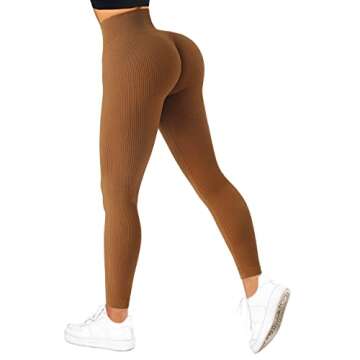 SUUKSESS Women Ribbed Seamless Leggings High Waisted Tummy Control Workout Yoga Pants (Brown, M)
