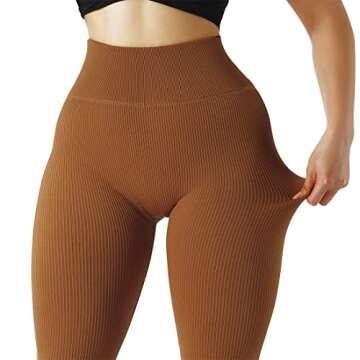 SUUKSESS Women Ribbed Seamless Leggings High Waisted Tummy Control Workout Yoga Pants (Brown, M)
