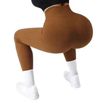 SUUKSESS Women Ribbed Seamless Leggings High Waisted Tummy Control Workout Yoga Pants (Brown, M)