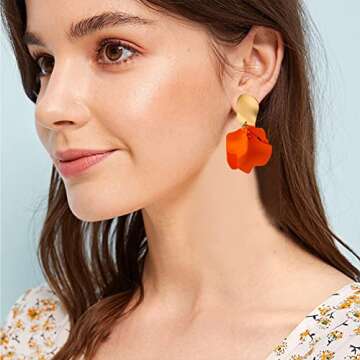 GUOXIAOMEI Chic Elegant Boho Red Rose Petal Dangle Resin Earrings Drop Acrylic Tiered Matte Flower E...