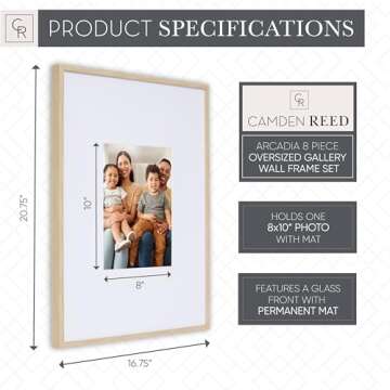 Camden Reed Arcadia 8 Piece Oversized Gallery Wall Frame Set, 16x20 and 16x16 Inch Matted Frames for Featuring 8x10 and 5x7 Inch Photographs or Art Prints, Natural Finish